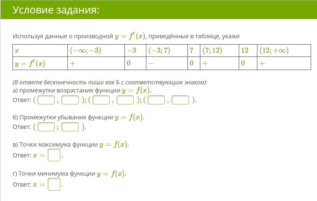 Чем указано в таблицы 3. Используя данные о производной y=f′(x), приведённые в таблице, укажи. Используя данные таблицы, определите точки минимума функции.. Используя данные в таблице укажи промежутки возрастания функции. Использование данных о производных y=t`(x)приведенные в таблице.