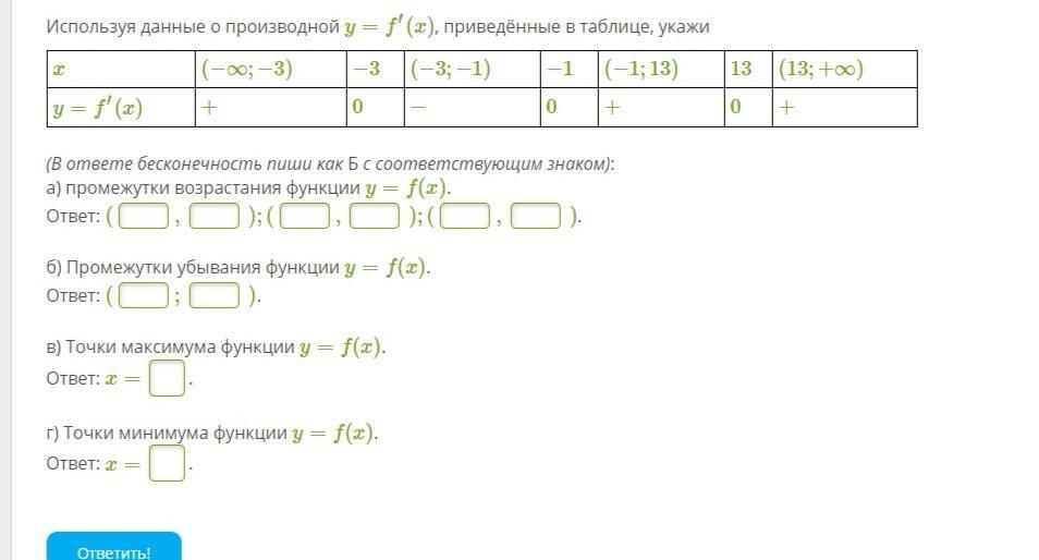 Используя данные. Используя данные о производной y=f′(x), приведённые в таблице, укажи. Используя данные производной приведённые в таблице. Использую данные о производной в таблице. Используя данные о производной y f x приведённые в таблице.