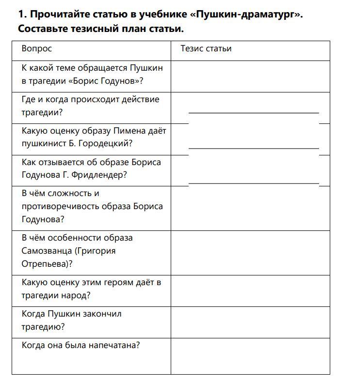 Тезисный план литература и история 8 класс