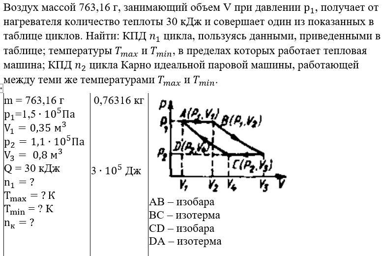 Газ массой 16. Азот занимающий при давление p1 объем v1. 3 Кг воздуха совершает цикл Карно в пределах температур. Занимающий объем. Количество теплоты полученное от нагревателя за один цикл.