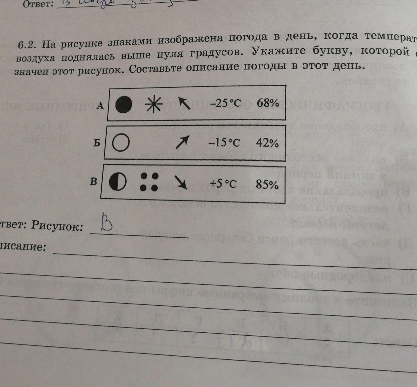 На рисунке изображено 1 балл. Составить описание погоды в этот день. Знак обозначения температуры воздуха. Укажите букву которой обозначает этот рисунок. На каком рисунке знаками отображена.