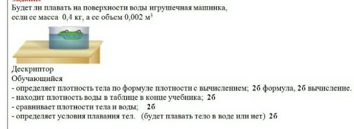 Две игрушечные заводные машины массой 0.2 кг. Тело объемом 0 4 м3 плавает на поверхности воды. Масса бревна 130 кг объем его 0.2 м3 будет ли оно плавать в воде. Тело объемом 0 08 м3 плавает на поверхности воды какой объем имеет. Будет ли плавать в воде тело массой 60 кг и объёмом 0.05м3.