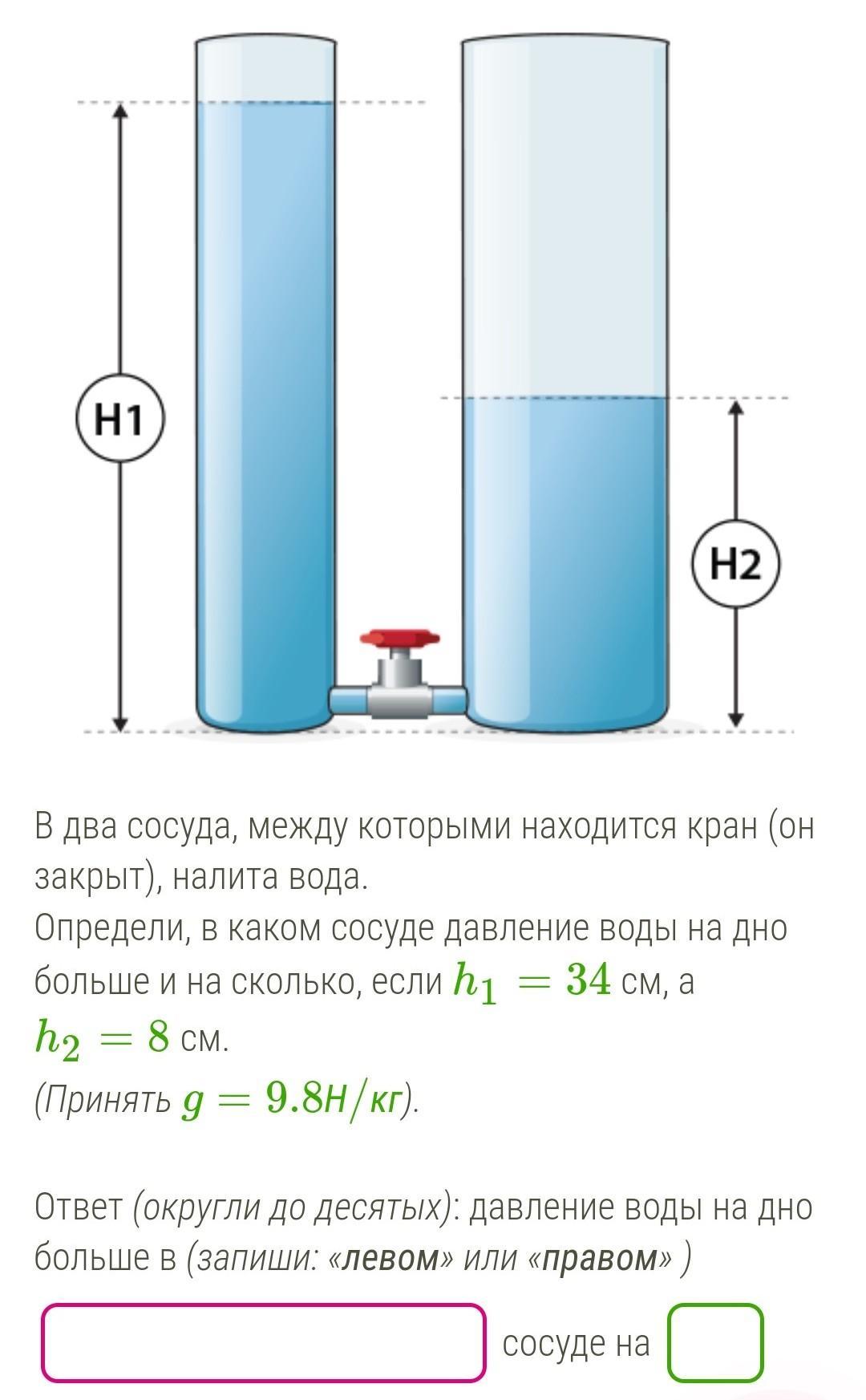 В цилиндрические сообщающиеся сосуды налита вода. Давление воды в сосуде. Сосуд с водой. Вода в сосуде и давление воды на дно. В два сосуда налита вода.