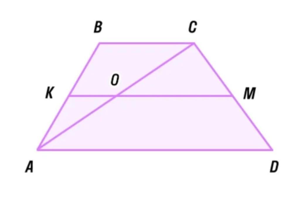 Abcd трапеция найдите основание. В трапеции ABCD диагональ AC. Диагональ делит среднюю линию трапеции. Диагональ АС трапеции АВСД делит ее среднюю линию км на 2. Трапецию поделили на 2 части.