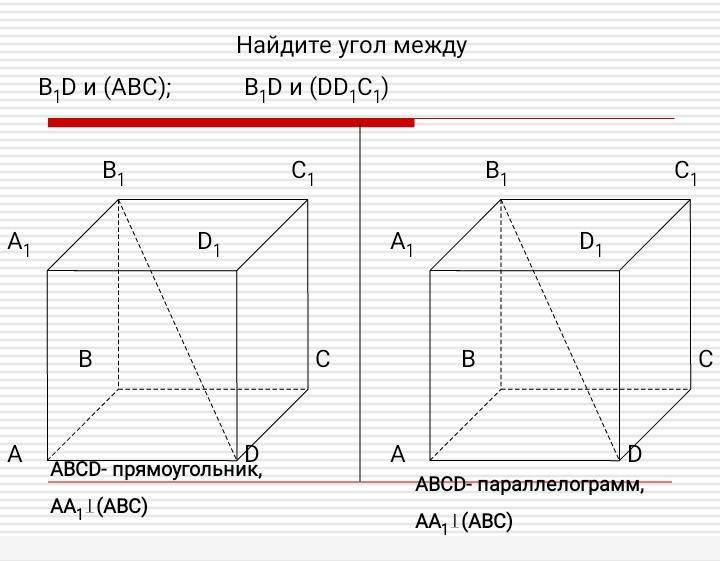 Abcda1b1c1d1 прямоугольный параллелепипед найдите площадь. Угол между b1d и aa1b1. Найдите угол между b1d и ABC. Найдите угол между b1d и ABC между b1d и dd1c1. Найдите угол между b1d и (АВС); между b1d и (dd1c1)..