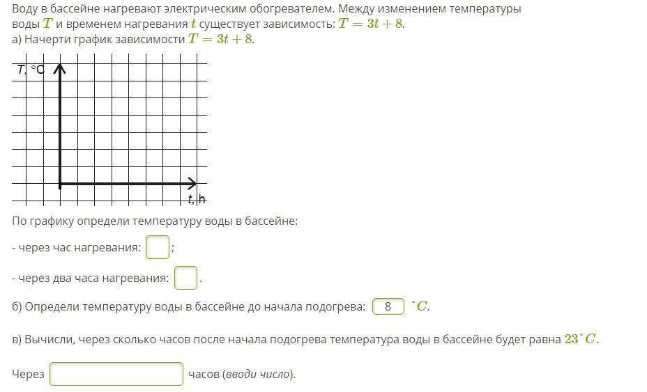 Нагреть воду до определенной температуры. Определи температуру воды в бассейне до начала подогрева. Воду в бассейне нагревают электрическим обогревателем 4t+9. T=5t+9. график зависимости. Температура воды в электрообогревателе.