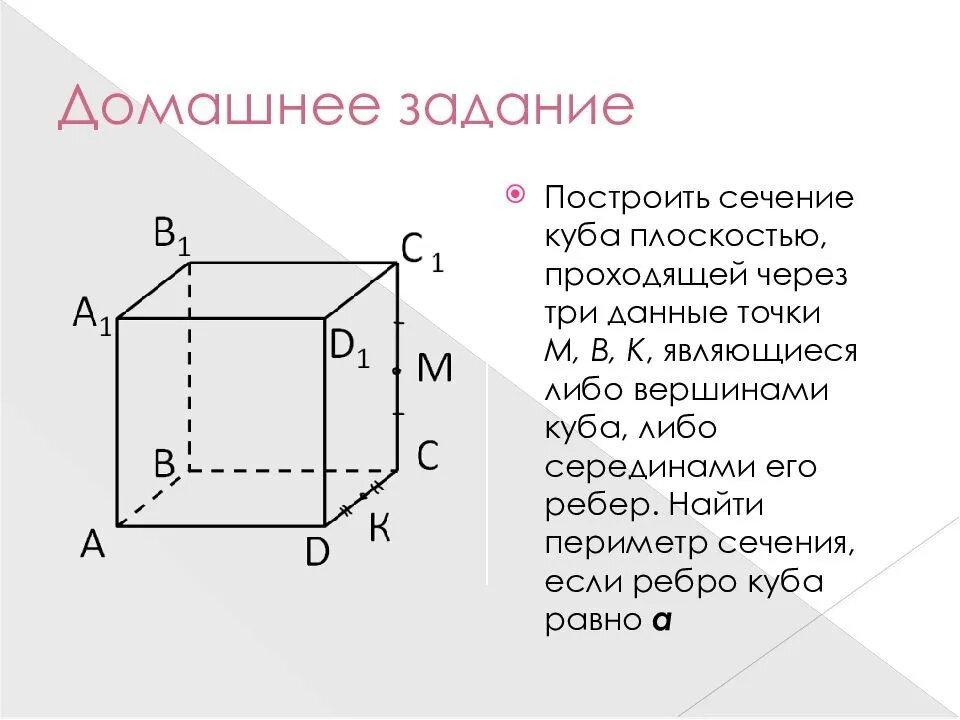 Постройте сечение куба плоскостью проходящей