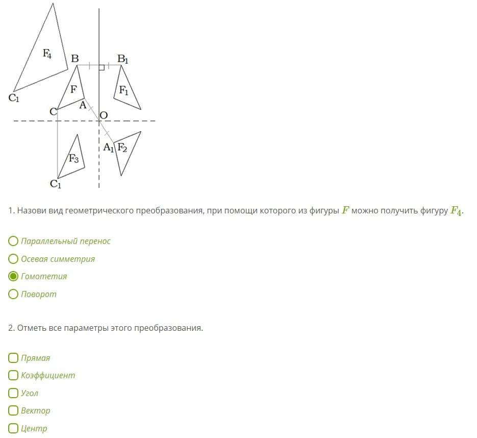 Посмотрите на рисунок и определите с помощью каких преобразований можно перевести фигуру f1 в другие