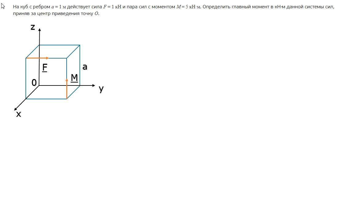 Сила кн м. Главный момент системы сил куб. На куб с ребром а действует сил и пара сил с моментом. Момент пары сил м=25 кн•м модули сил (f1, f’1). Определить момент пары (в кн)дана пара сил f1=f2.