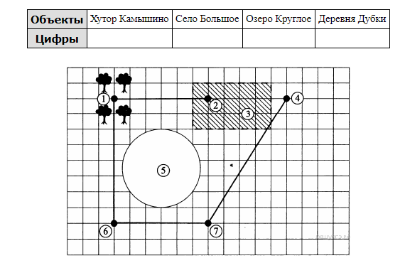 Для объектов указанных в таблице определите какими цифрами они обозначены на рисунке