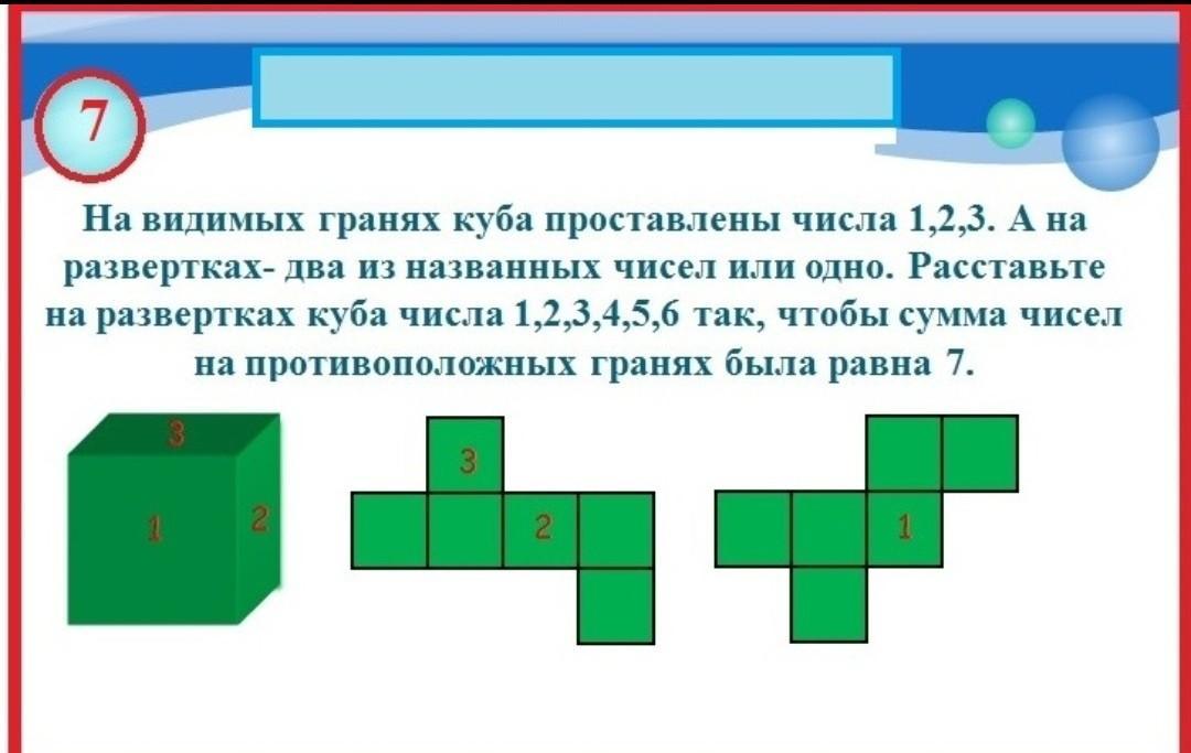 В одном из заданий каждому классу предложили нарисовать развертку куба со стороной 2дм ответ