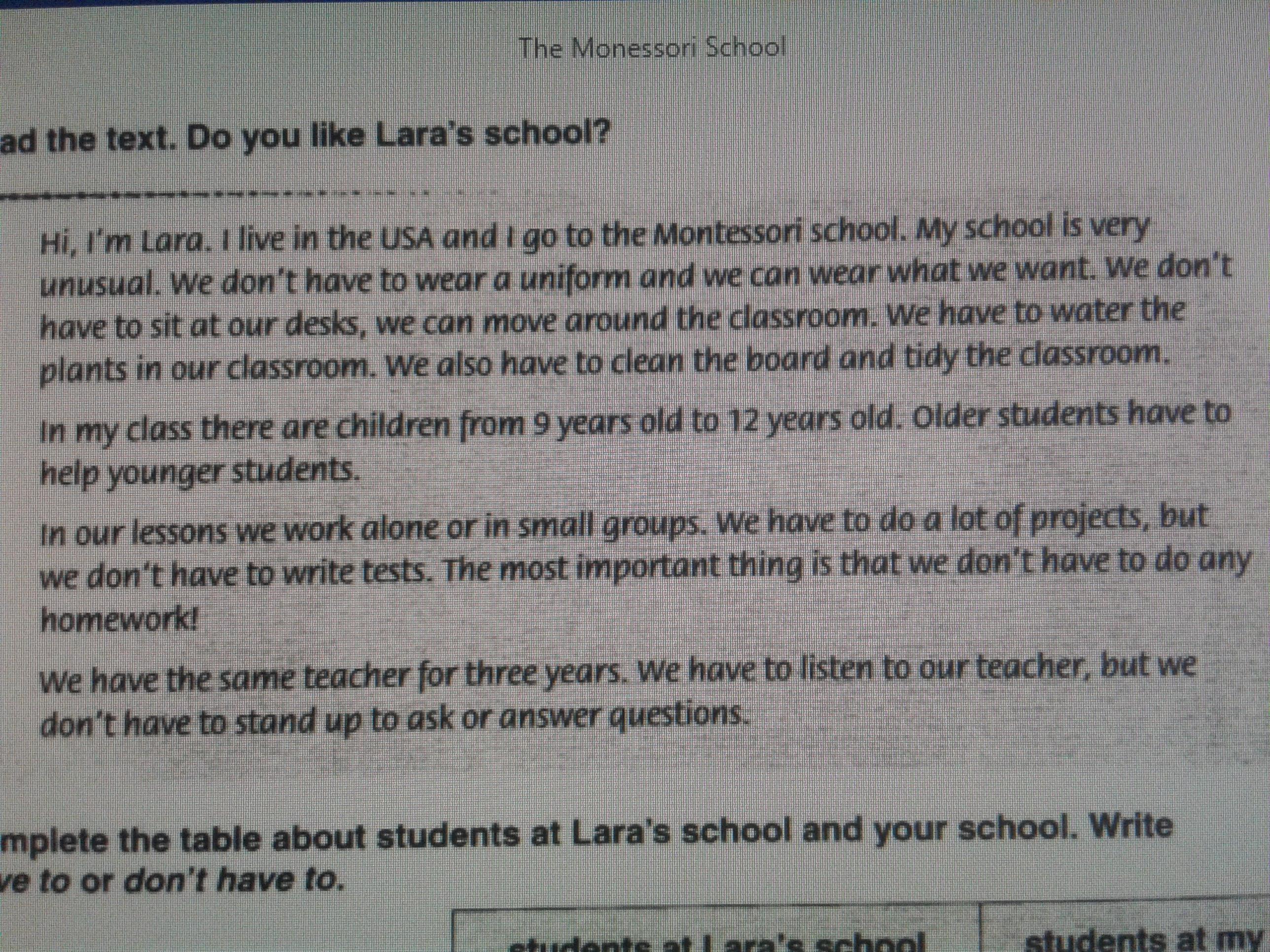 Done текст. Lesson 31 the Montessori School 5 класс ответы на вопросы. Hi i'm Lara. I Live in the USA and i go to the Montessori School.