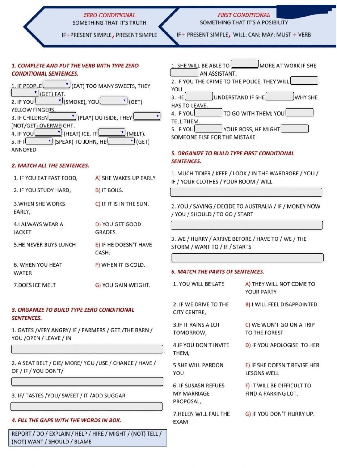 Zero and first conditional worksheets