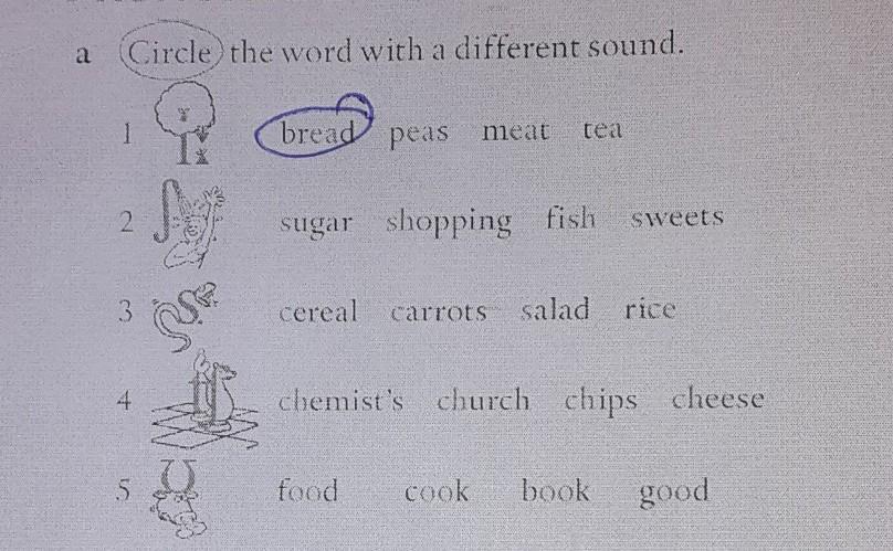 Circle the words. Circle the Word with a different Sound. Circle the Words with the Sound f. Cross out the three Words with a different Sound.