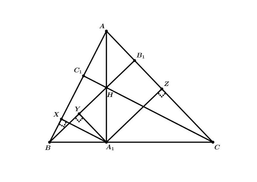 Серединный перпендикуляр к стороне остроугольного треугольника. Высоты bb1 и cc1 остроугольного треугольника ABC. Высоты треугольника ABC пересекаются в точке h. Изобразите остроугольный треугольник АВС. Соотношение сторон остроугольного треугольника.
