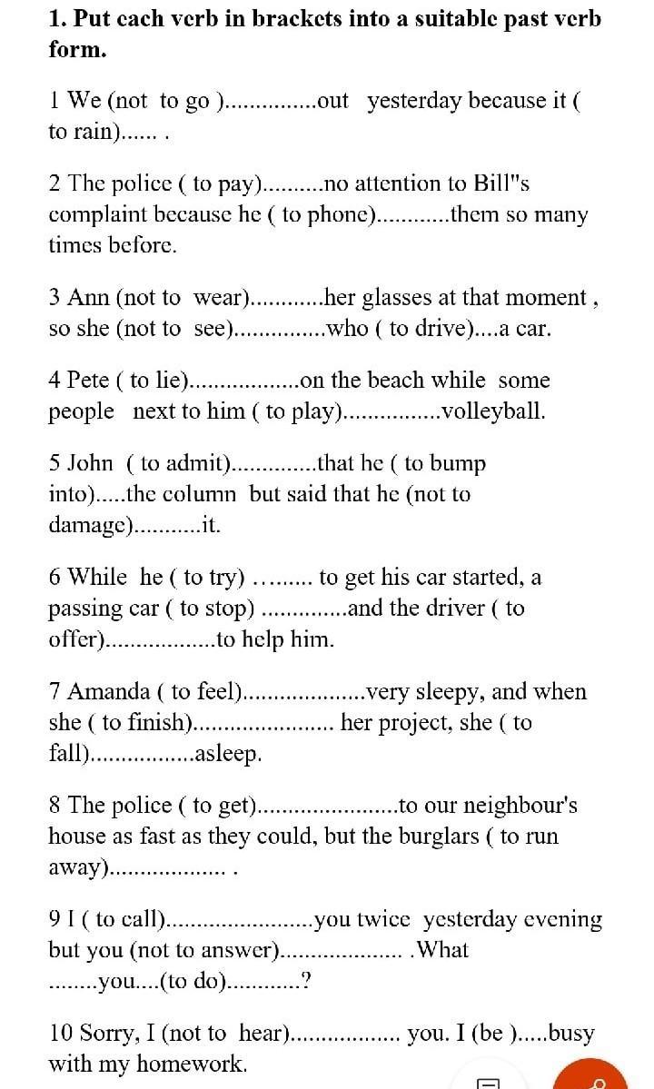 Suitable verb form. Admit verb forms. Put each verb in Brackets into a suitable past verb form when Professor Mallory.