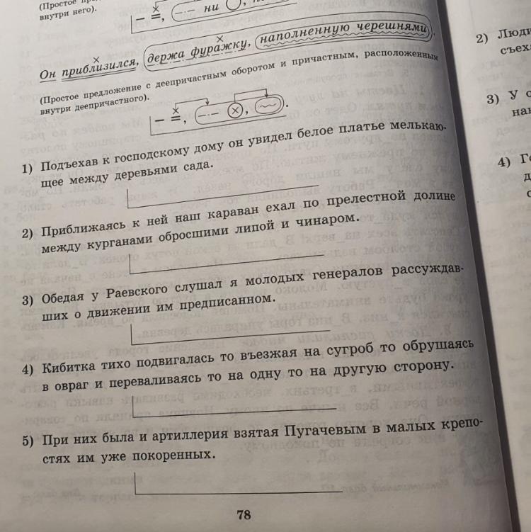 Обведите причастные обороты огурчиками и поставьте необходимые запятые в предложениях и схемах