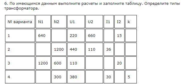 Имеется таблица. Определите по таблице типы трансформаторов\. В таблице выполните расчеты и определите типы трансформатора. Заполнить таблицу трансформатор. По имеющимся данным заполните расчеты и заполните таблицу.