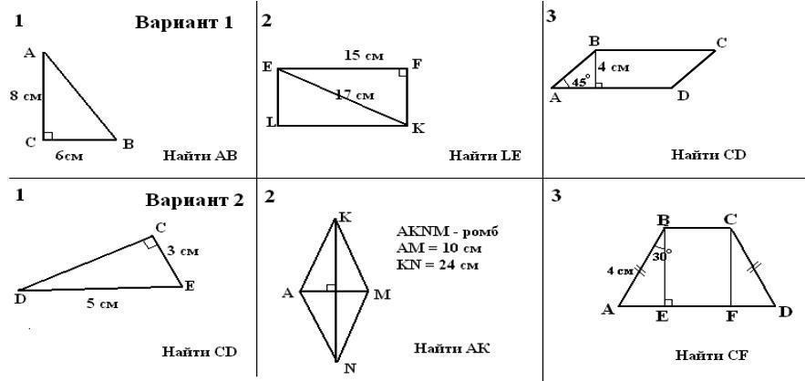 Четырехугольники 8 класс геометрия задачи на готовых чертежах